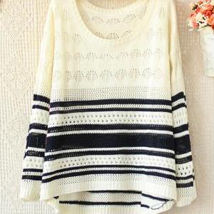 Round Neck Long Sleeve Hollow Out Color Striped..