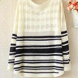 Round Neck Long Sleeve Hollow Out Color Striped..
