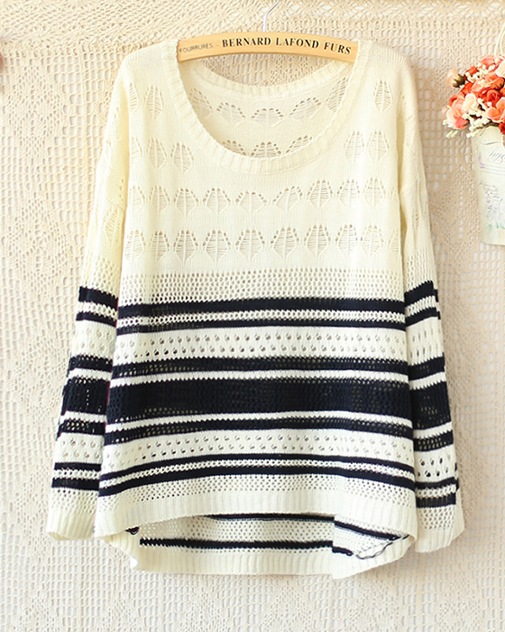 Round Neck Long Sleeve Hollow Out Color Striped Sweater